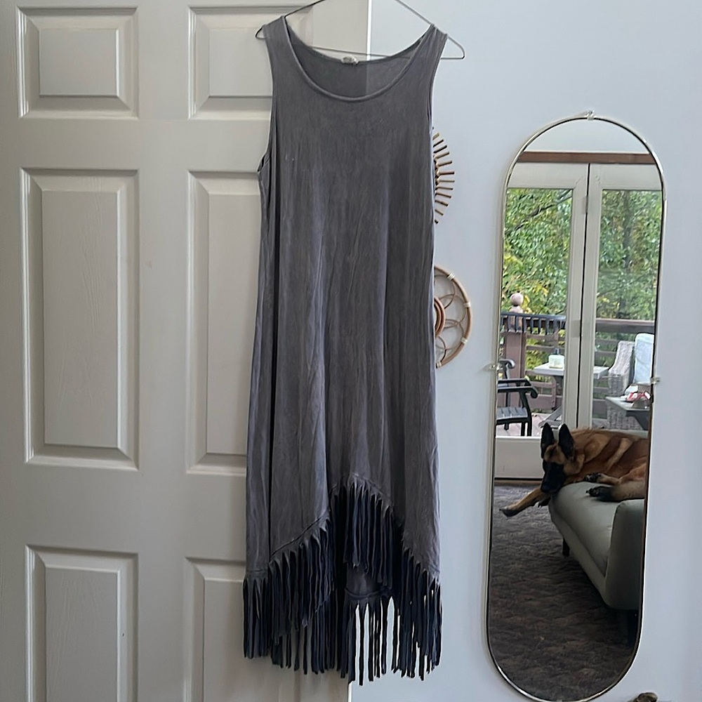 Gray Sleeveless Midi Dress with Fringe